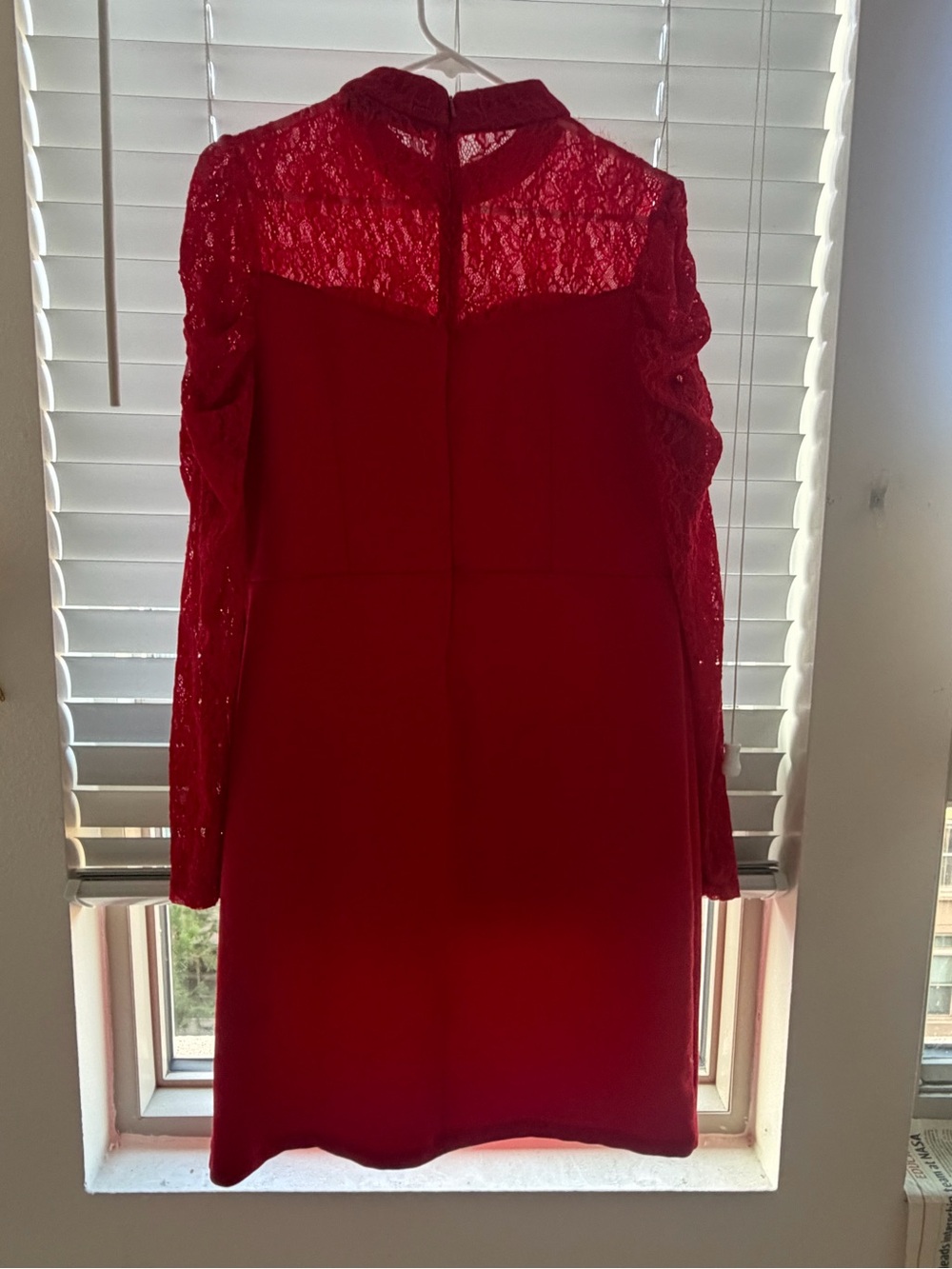 Red Lace Yoke Long Sleeve Shift Dress